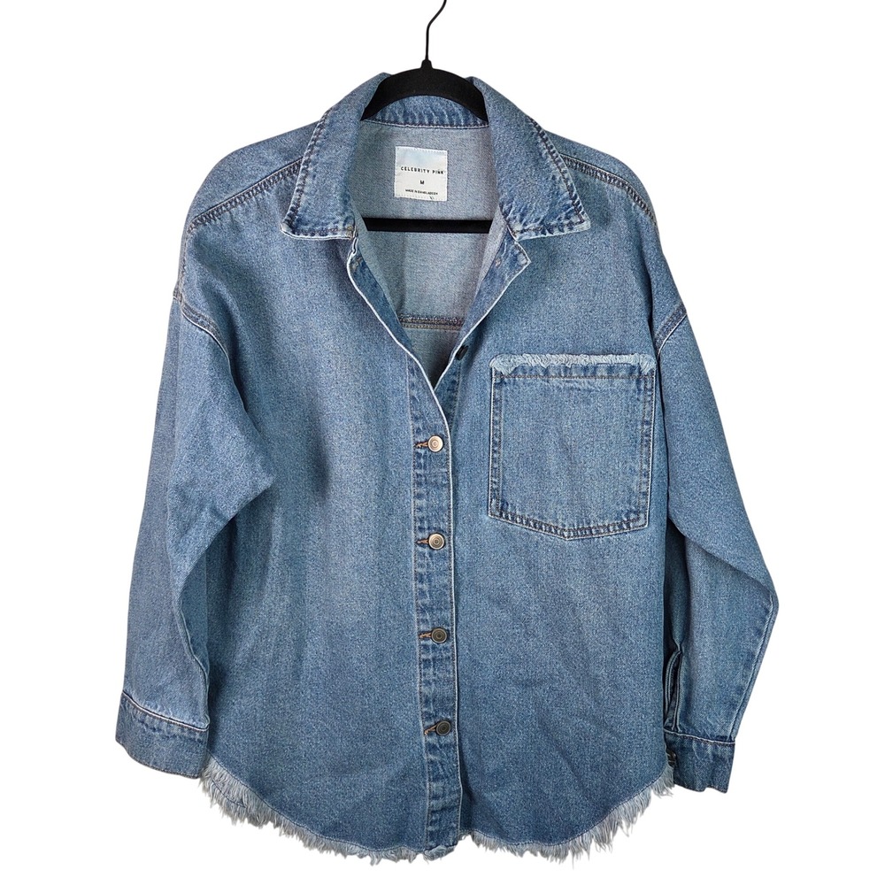 Celebrity Pink Denim Shacket Womens Medium Blue Frayed Hem Button Down